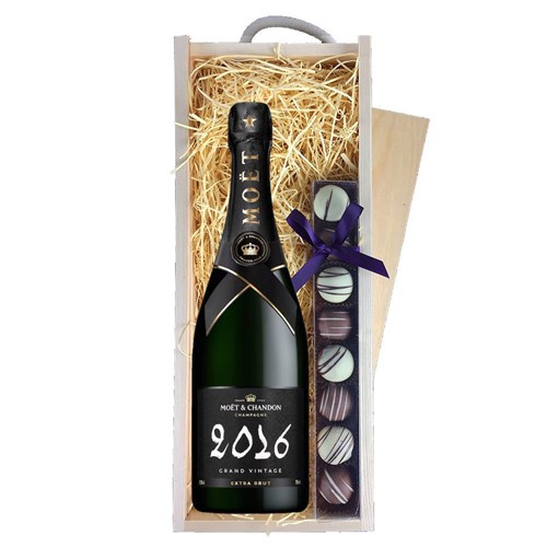 Moet & Chandon Grand Vintage 2016 Extra Brut Champagne 75cl & Truffles, Wooden Box